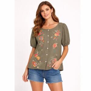 Savannah Jane Olive Green Embroidery Button Up Boho Top Women’s Plus Size 1X
